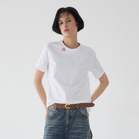 谜底刺绣白T恤短袖女2025春季新品简约百搭纯棉宽松上衣251MT0101