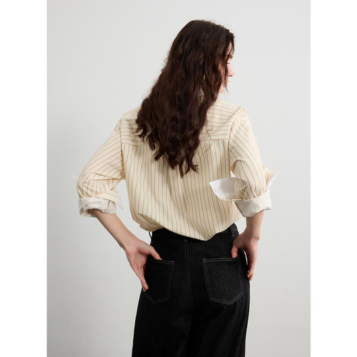 三彩2025春季新款多巴胺撞色条纹衬衫宽松中长开衫翻领长袖S 商品图3