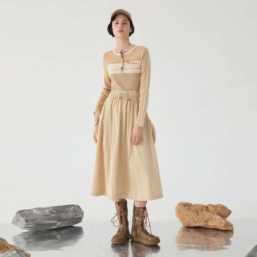 谜底针织拼接连衣裙长袖2025春季新品运动感大摆裙长裙251MZ0399 商品图0