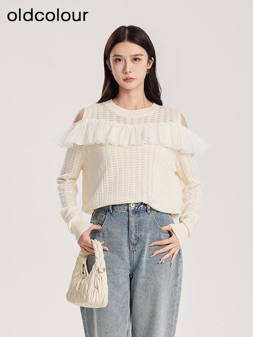 oldcolour春季新款白色蕾丝拼接法式温柔套头针织衫女DQ180501A1 商品图0
