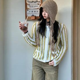 顺丰包邮35827洛诗琳柠黄竖条纹镂空花纱毛织开衫外套295241