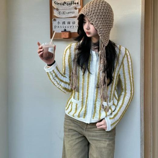 顺丰包邮35827洛诗琳柠黄竖条纹镂空花纱毛织开衫外套295241 商品图0