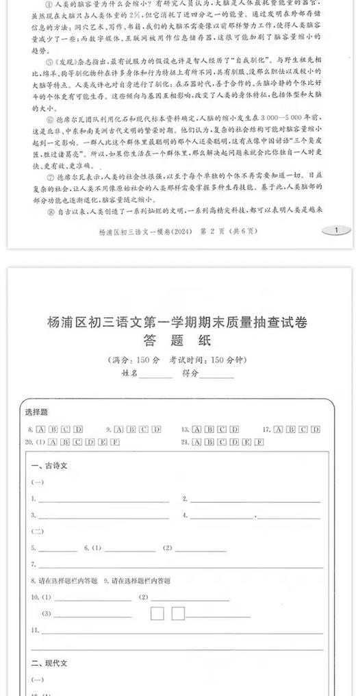 2025年上海中考一模卷全套语文数学英语物理化学历史道德与法治试卷领先一步文化课强化训练初三九年级摸考试卷子 商品图9