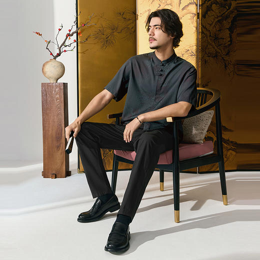 【特价】【中华立领】柒牌半开襟衬衫男士夏季新品满印中国风盘扣唐装衬衣128A71780 商品图3