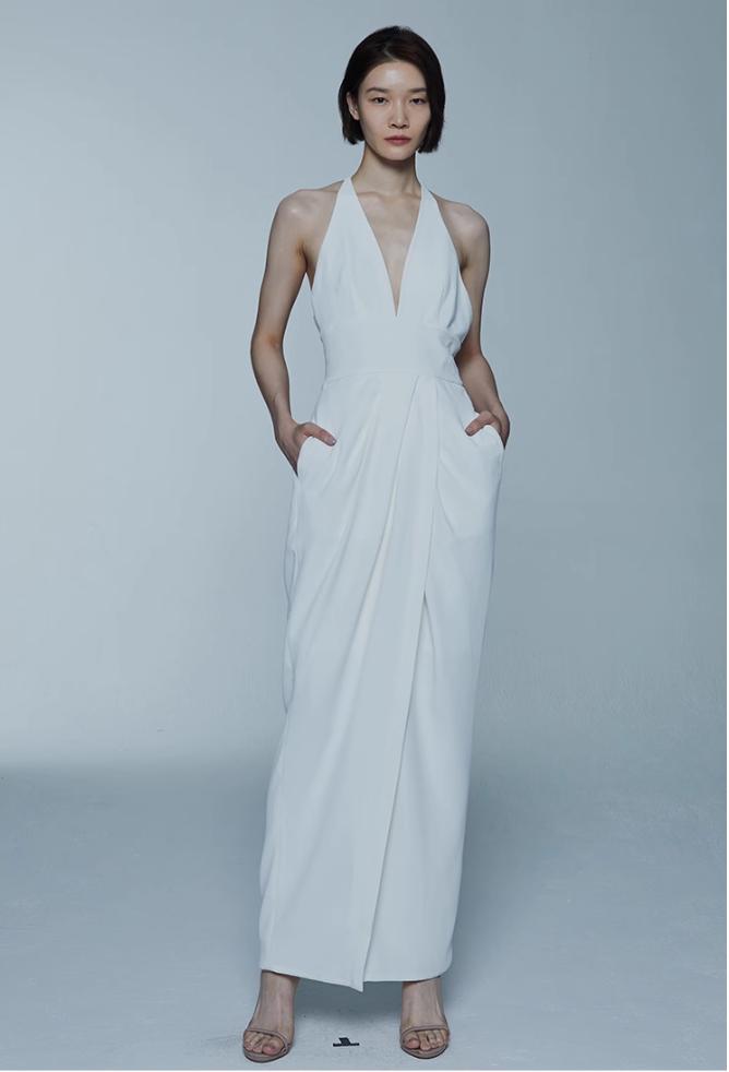 shuxuan g.设计师原创品牌白色深v长裙性感纯色简约高级感晚礼服