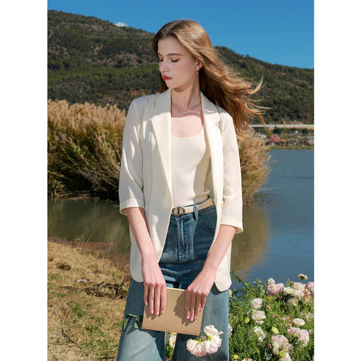 三彩2025春季新款宽松凉感小西装七分袖西服外套通勤气质M 商品图1