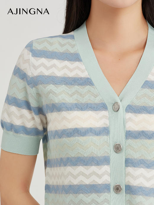 【商场同款】阿菁娜2024夏季新款V领条纹修身毛衫A29X301007 商品图5