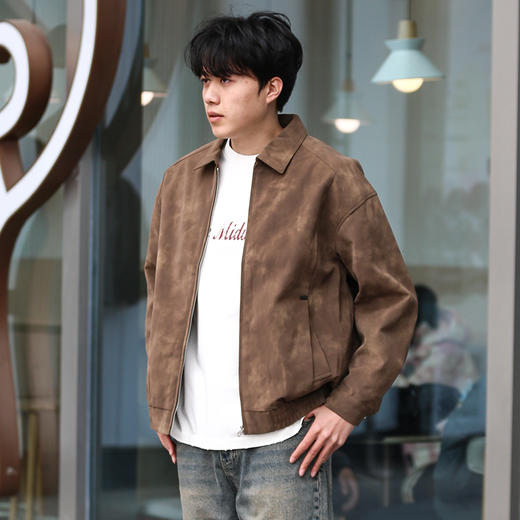 DRONKOO 2025 翻领拉链款斜插袋金属装饰标半松紧下摆中厚皮衣 商品图1