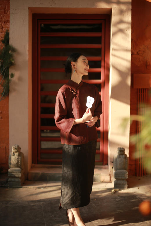 漫物记四经绞罗红云纱立领斜襟树叶扣上衣xys-w238 商品图1