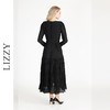 LIZZY早秋优雅文艺精致V领收腰大摆小黑裙长袖连衣裙配腰带 商品缩略图3