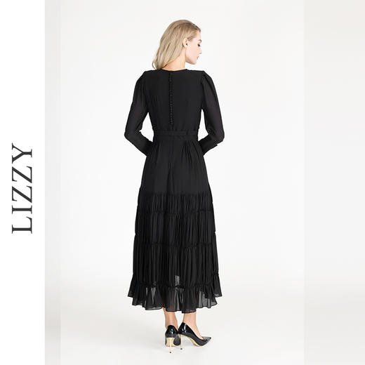 LIZZY早秋优雅文艺精致V领收腰大摆小黑裙长袖连衣裙配腰带 商品图3