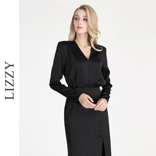 LIZZY早秋时尚简约修身开叉V领礼服小黑裙长袖连衣裙8094 商品图1