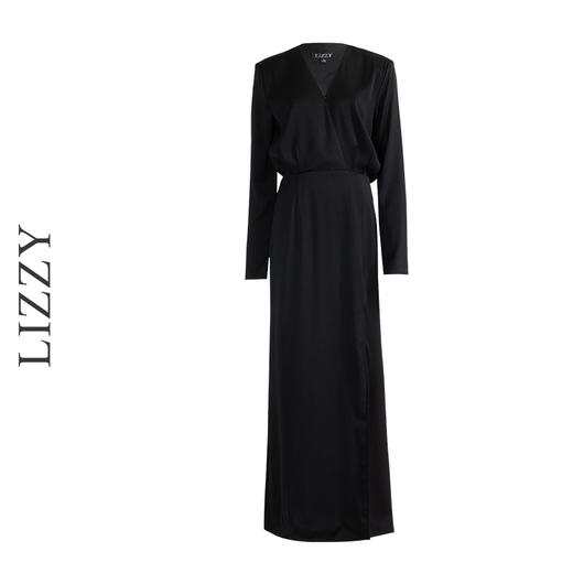 LIZZY早秋时尚简约修身开叉V领礼服小黑裙长袖连衣裙8094 商品图4