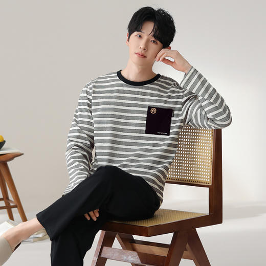 芬腾睡衣套装男士纯春秋款圆领条纹男生男款青年长袖可外穿家居服 商品图1