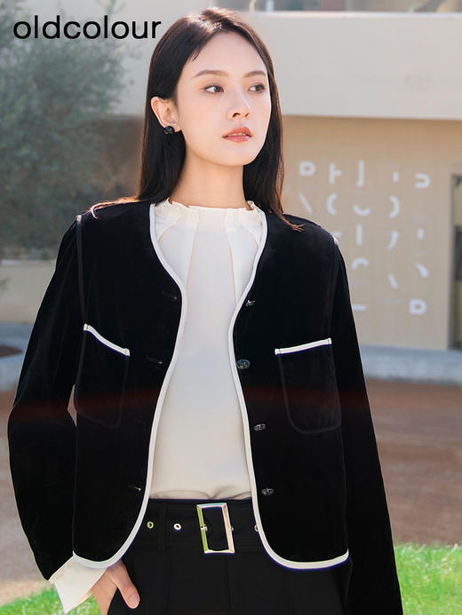 oldcolour春季新款黑色简约气质时尚百搭宽松短外套女Q110418A1 商品图0