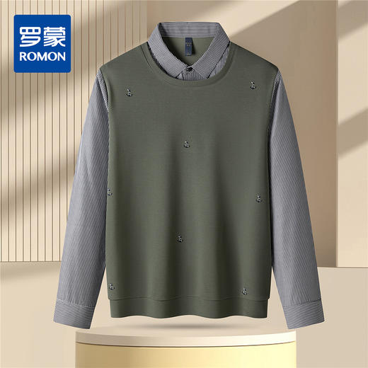 【肌理提花】罗蒙男士经典假两件衬衫领百搭时尚舒适休闲针织衫男条纹衬衫 商品图0