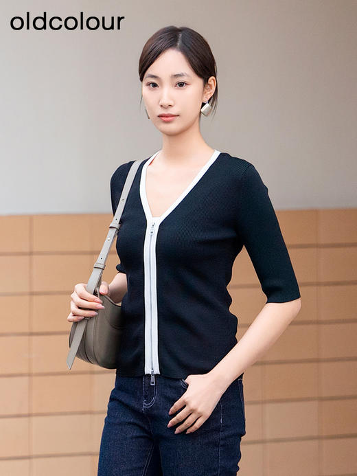 oldcolour春季新品时尚V领撞色洋气通勤设计感短外套女Q130513A1 商品图0