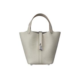 HERMES爱马仕 Picotin Lock 18 银扣 Clemence小公牛皮 菜篮子水桶包手提包 18 女款 8L Beton冰川白