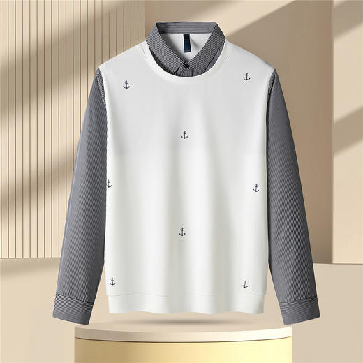 【肌理提花】罗蒙男士经典假两件衬衫领百搭时尚舒适休闲针织衫男条纹衬衫 商品图1