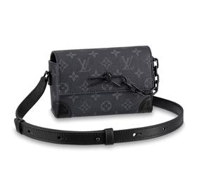 LOUIS VUITTON Steamer 经典老花印花锁扣元素可调节肩带 涂层帆布拼牛皮革饰边 盒子包单肩斜挎包 迷你 男款 黑色
