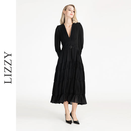 LIZZY早秋优雅文艺精致V领收腰大摆小黑裙长袖连衣裙配腰带 商品图2