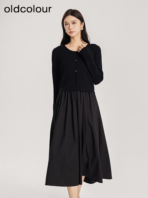 oldcolour春季新品黑色法式圆领时尚拼接针织连衣裙女Q120516A1 商品图4