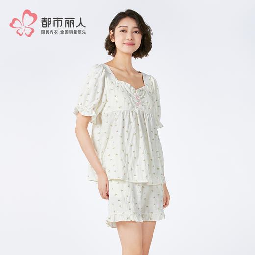 都市丽人女士软绵绵短袖套装薄梭织皱布提条生活家居短袖类LHH2G9 商品图2