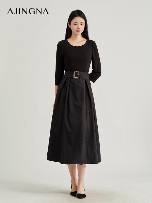 【积分兑换】阿菁娜法式圆领高腰拼接设计连衣裙A28Q112027 商品图1