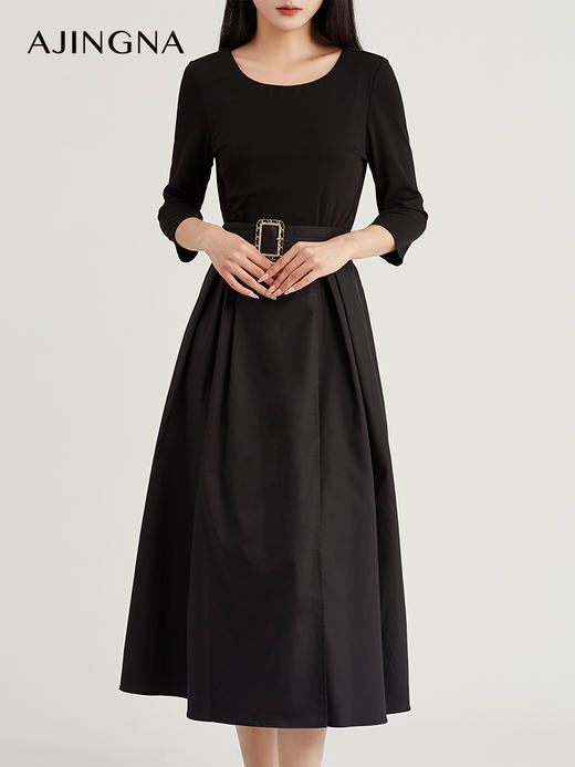 【积分兑换】阿菁娜法式圆领高腰拼接设计连衣裙A28Q112027 商品图2