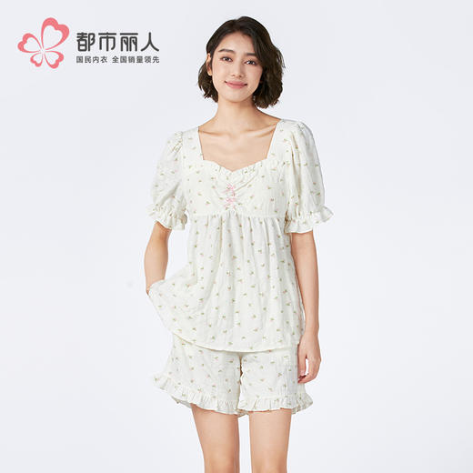 都市丽人女士软绵绵短袖套装薄梭织皱布提条生活家居短袖类LHH2G9 商品图1