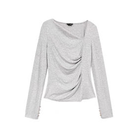 灰色丝绢柔肌不规则领口褶皱针织上衣