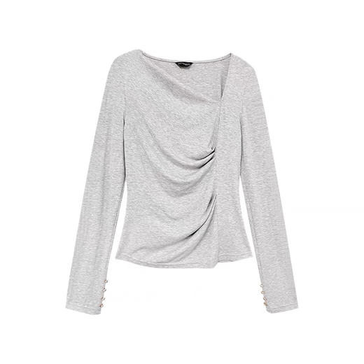 灰色丝绢柔肌不规则领口褶皱针织上衣 商品图0