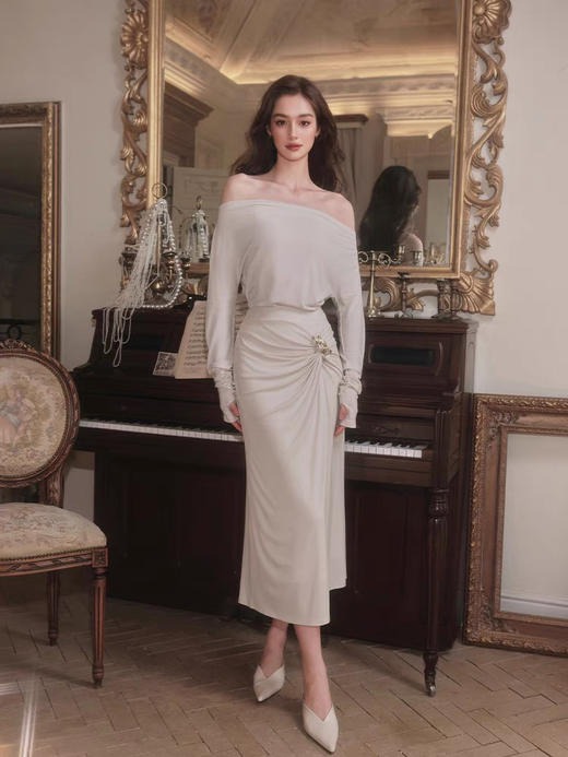 杏色丝绢柔肌纽结针织半裙 商品图0