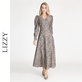 LIZZY早秋古典雅致宫廷风V领印花长款气质连衣裙