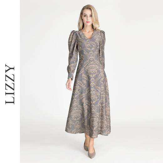 LIZZY早秋古典雅致宫廷风V领印花长款气质连衣裙 商品图0