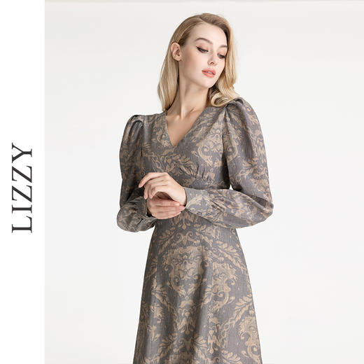 LIZZY早秋古典雅致宫廷风V领印花长款气质连衣裙 商品图1