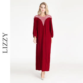 LIZZY早秋优雅长袍高贵宽松钉珠宴会派对礼服连衣裙8095