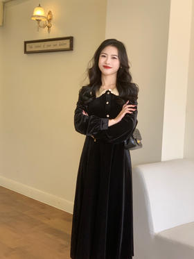 【百图lulu定制】【财阀千金丝绒裙】彼得潘领 施洛华世奇纽扣 重磅丝绒 连衣裙