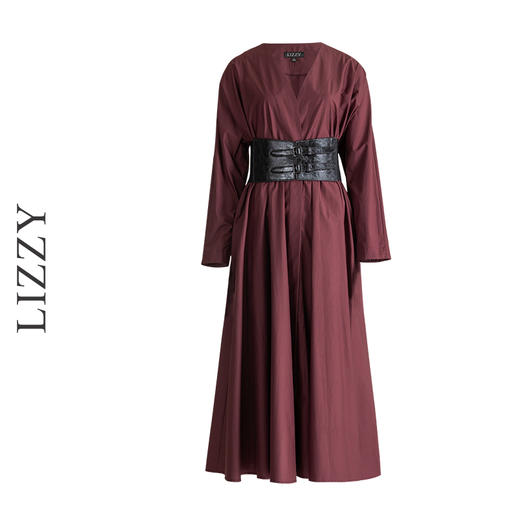 LIZZY早秋复古宫廷风安哥拉红V领大摆长袖连衣裙配腰带 商品图4