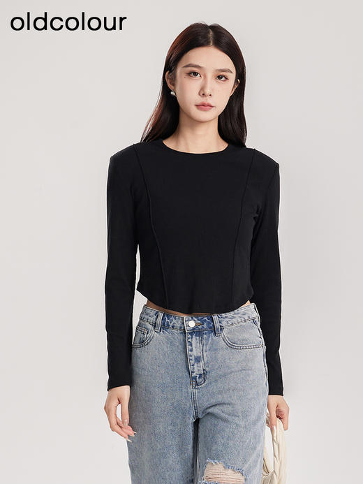 oldcolour春季新款纯色圆领简约休闲百搭短款长袖T恤女Q110203A1 商品图0