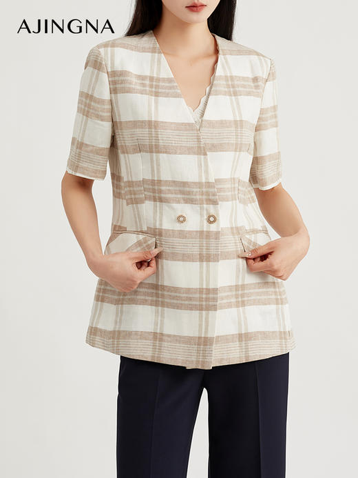【商场同款】阿菁娜经典翻驳领格子亚麻西服外套A29X108039 商品图2