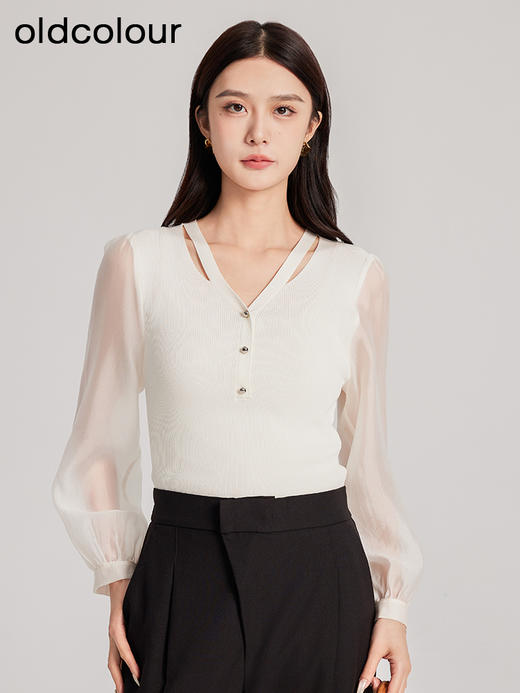 oldcolour春季新品时尚拼接纯色V领通勤百搭套头衫女Q130520A1 商品图1