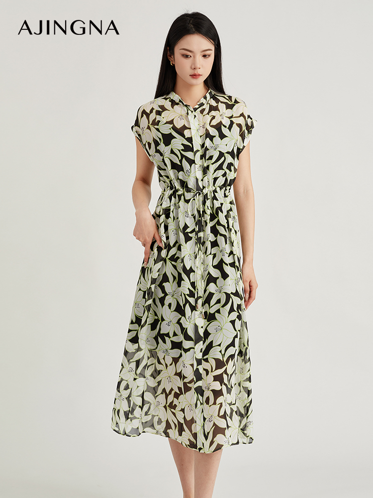 【商场同款】阿菁娜柔美桑蚕丝印花朦胧雾感连衣裙A30X112098