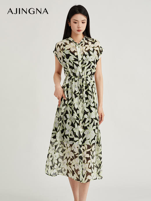 【商场同款】阿菁娜柔美桑蚕丝印花朦胧雾感连衣裙A30X112098 商品图0