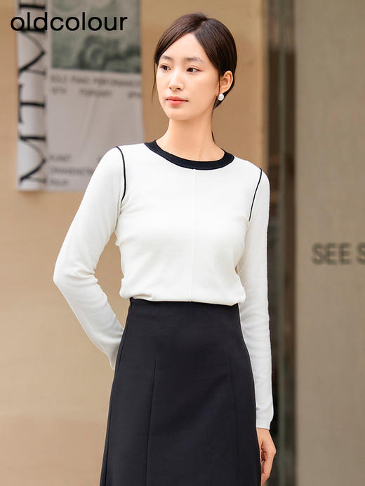 oldcolour春季新品圆领拼色时尚通勤显瘦毛织套头衫女Q120510A1 商品图0
