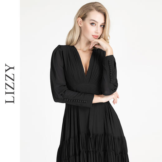 LIZZY早秋优雅文艺精致V领收腰大摆小黑裙长袖连衣裙配腰带 商品图1