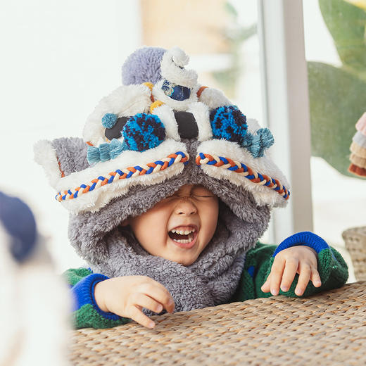 【1.21-2.6停发】芽小七原创国潮灰色醒狮冬季保暖帽子龙年醒狮帽儿童北方防风防冻 商品图0