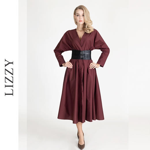 LIZZY早秋复古宫廷风安哥拉红V领大摆长袖连衣裙配腰带 商品图2
