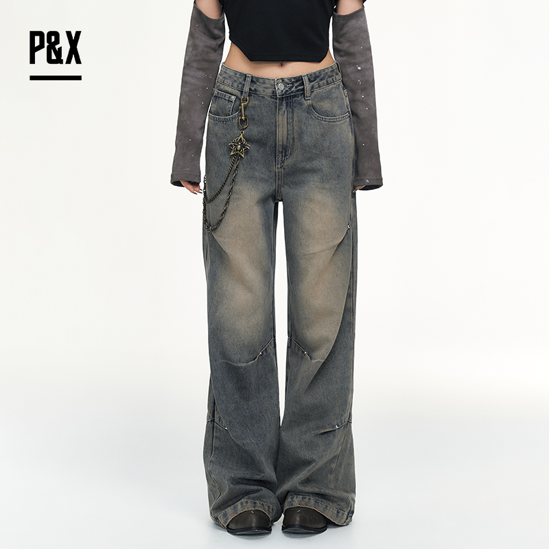 P&X设计师女装 美式潮流复古做旧牛仔裤宽松阔腿裤825110063 蓝色
