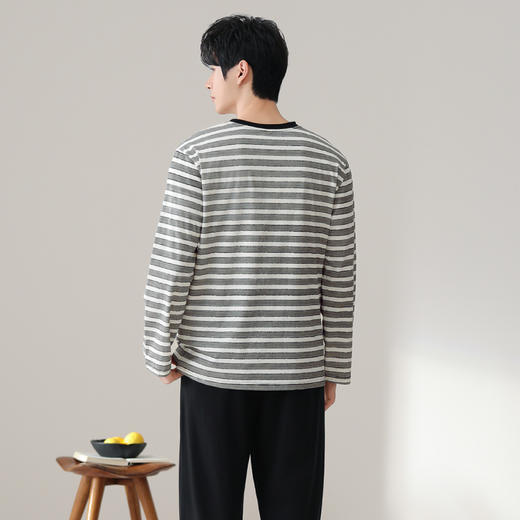 芬腾睡衣套装男士纯春秋款圆领条纹男生男款青年长袖可外穿家居服 商品图3